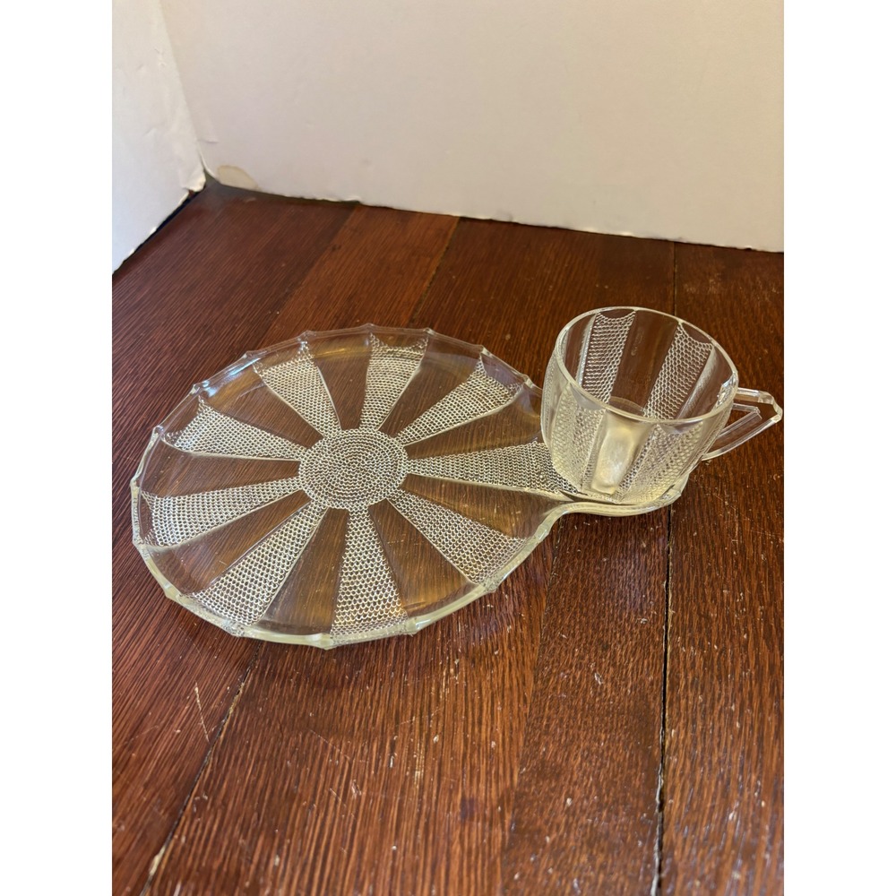 Vintage Clear Pressed Glass Snack Set Sunburst Beaded Plate and Cup 2 Piece